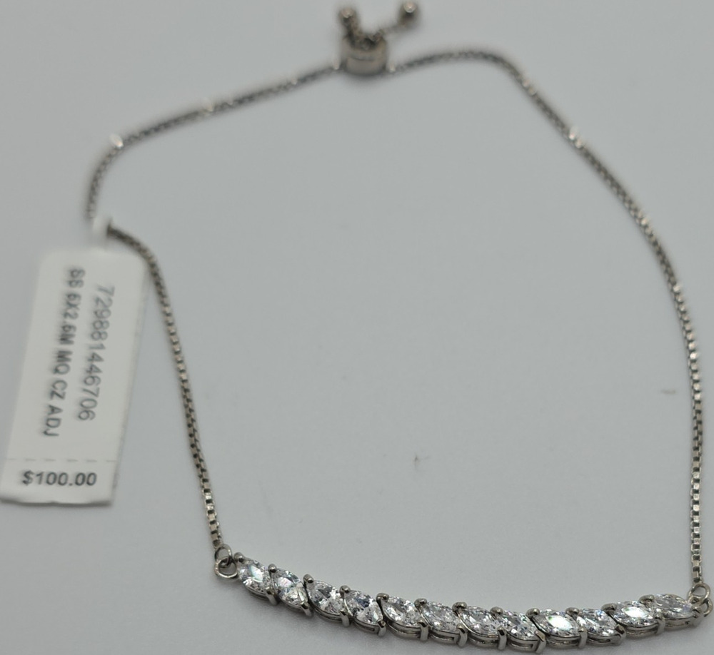 Sterling Silver Box Chain Bolo Slider Bracelet Marquise White Cubic Zirconia